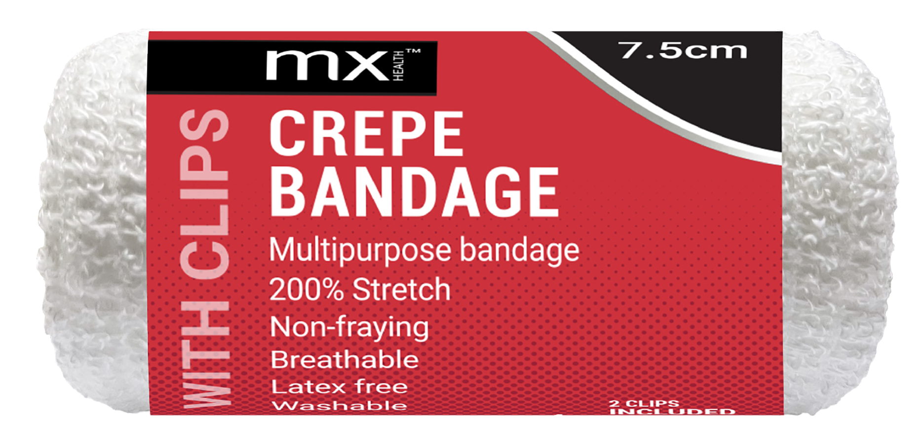 mx Health Crepe Bandage With Clips (75mm x 4.5m - Single)